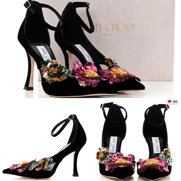 Jimmy Choo Shoes - Jimmy Choo Black Velvet Heels with Sequin Floral Embellishments